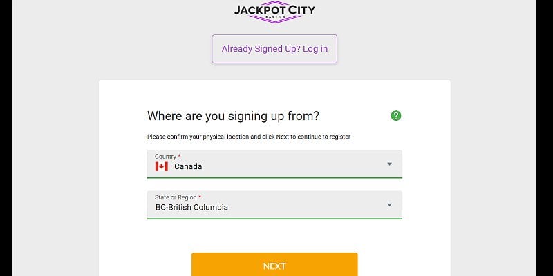 Jackpot City registration interface showcasing bonus offers