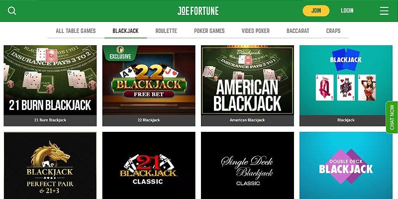 Screenshot of a Blackjack game interface on the Joe Fortune Australia casino platform.