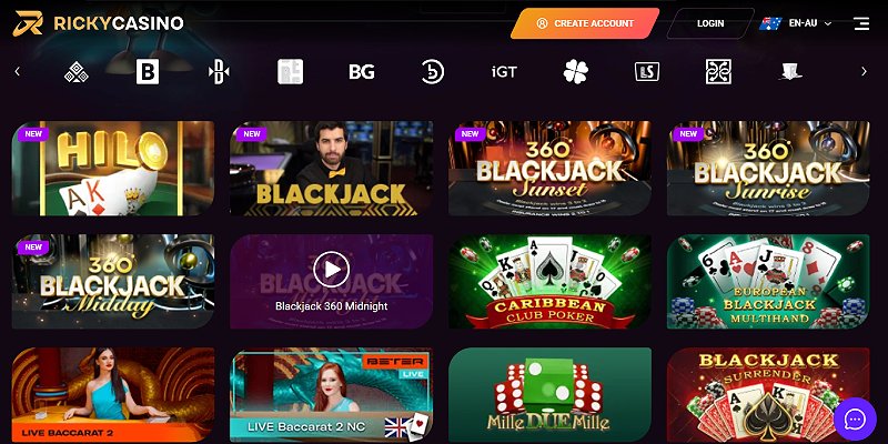 Ricky Casino Blackjack Game Interface showing cards and betting options
