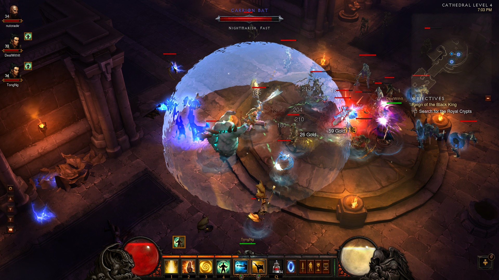 Screenshot da tela de gameplays: A. Diablo 3, B. Doom, C. League of